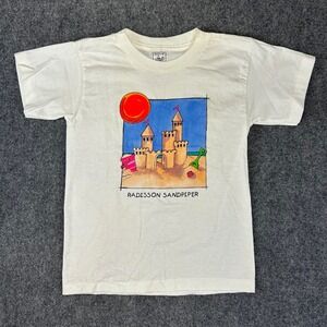 Vintage Alore Radisson Sandpiper Sandcastle Graphic T-Shirt Kids 10-12 White USA